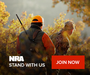 NRA Join Now Call to action with hunters walking through the woods